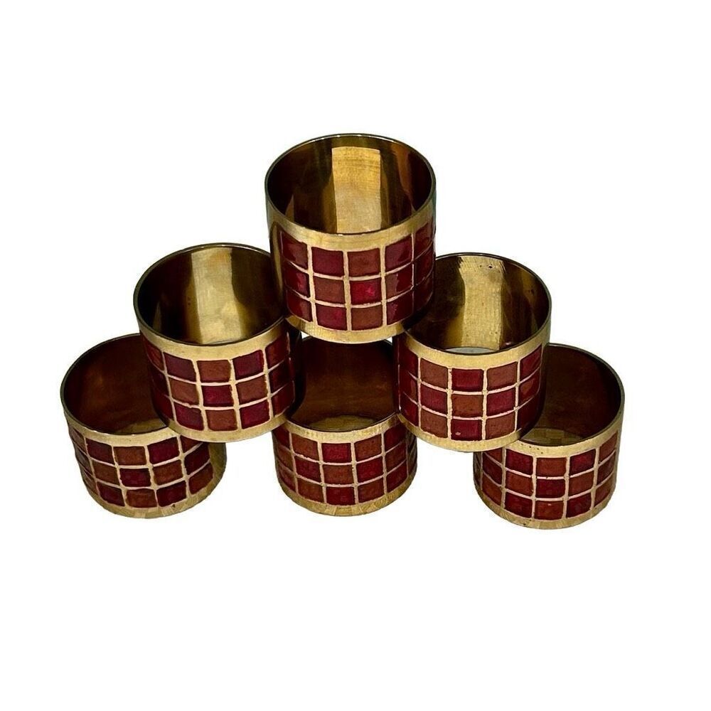 Pier 1 Vintage Brass with Red Enamel Napkin Rings Holder Set of 6 Geometric 80’s